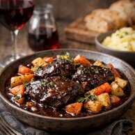 Pomalu tažená hovězí líčka na červeném víně s pečenou kořenovou zeleninou