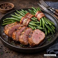 Jemně pečená panenka se zelenými fazolkami a anglickou slaninou