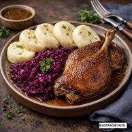 Pečená kachna, dušené červené zelí, bramborové knedlíky