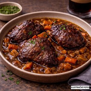 Vepřová líčka tažená na černém pivu v zeleninovém základu