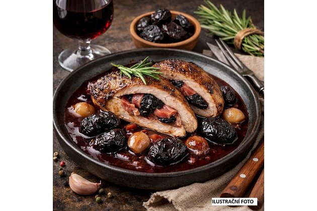 Bažantí prsíčko plněné slaninou a švestkami na červeném víně