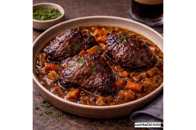 Vepřová líčka tažená na černém pivu v zeleninovém základu